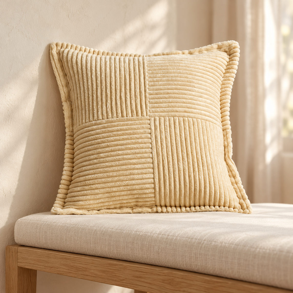 Housse de coussin Côtelée beige sable — mise en scène générée par IA à partir des photos du fournisseur.