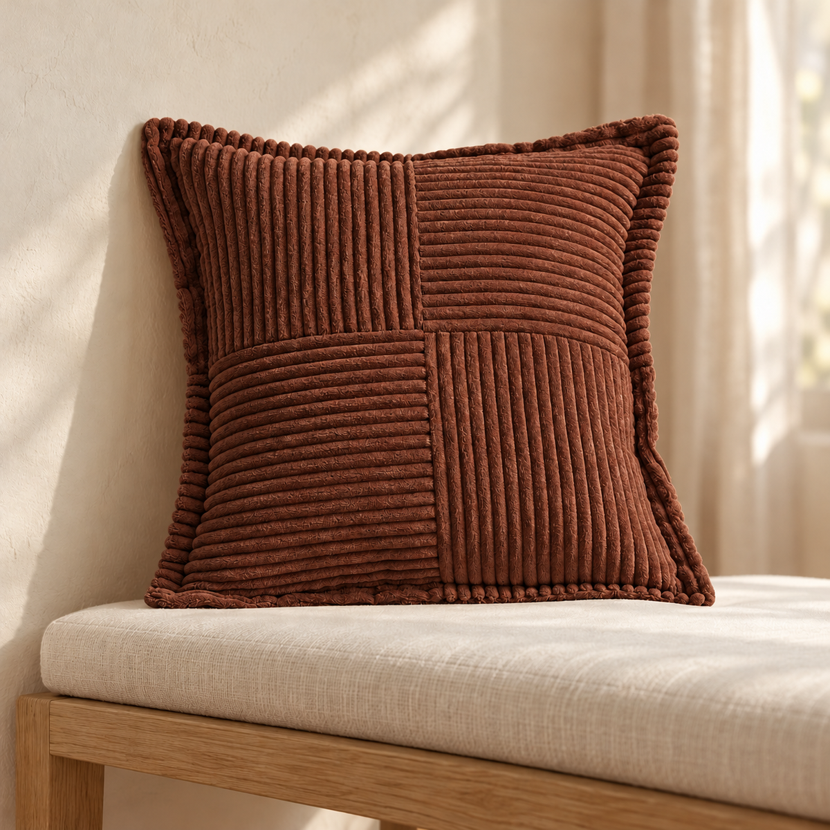 Housse de coussin Côtelée chocolat — mise en scène générée par IA à partir des photos du fournisseur.