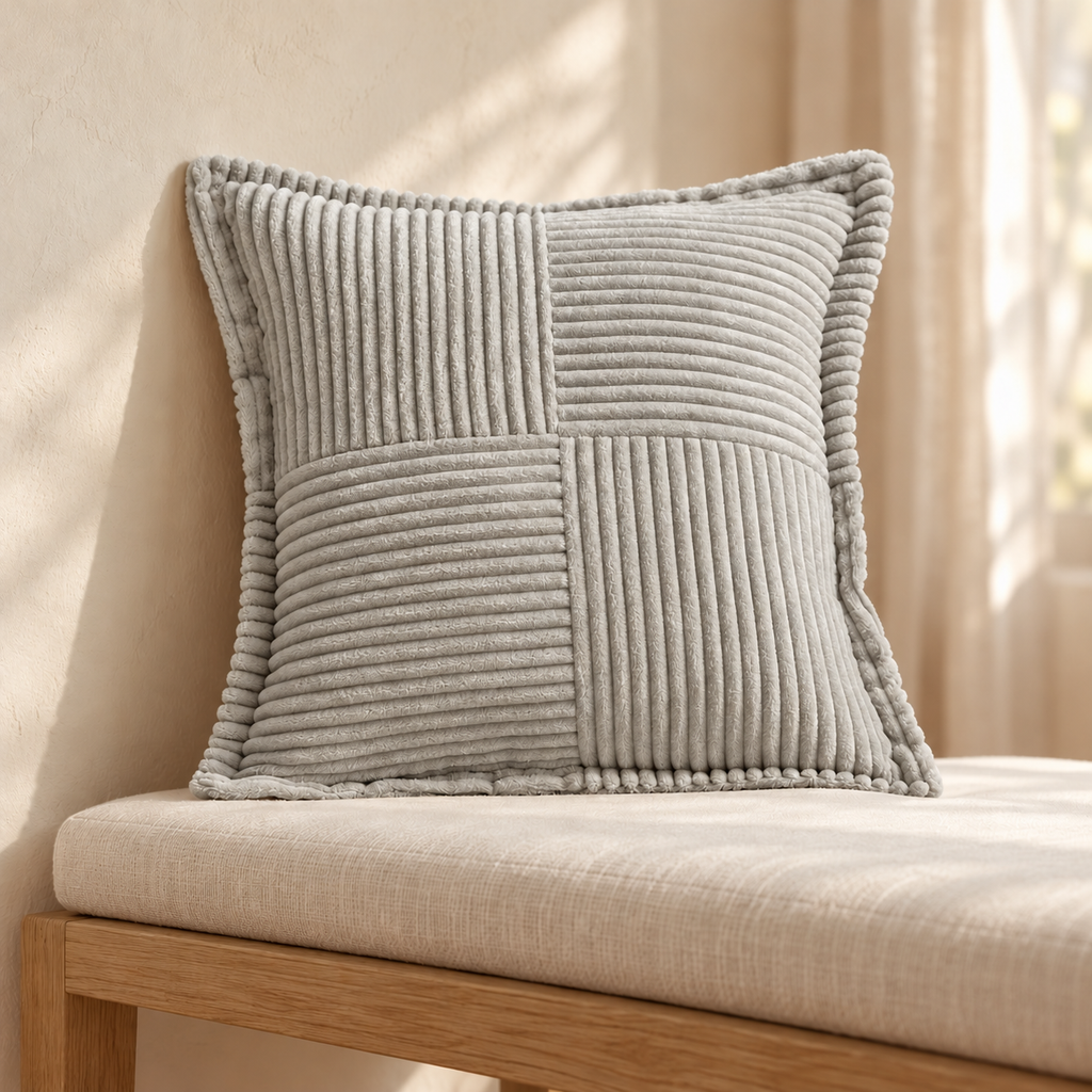 Housse de coussin Côtelée gris perle — mise en scène générée par IA à partir des photos du fournisseur.