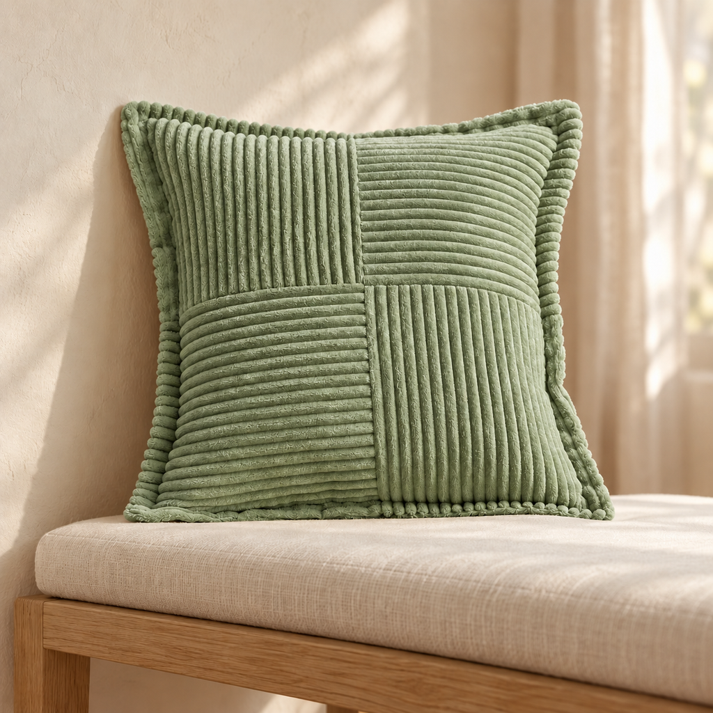 Housse de coussin Côtelée vert sauge — mise en scène générée par IA à partir des photos du fournisseur.