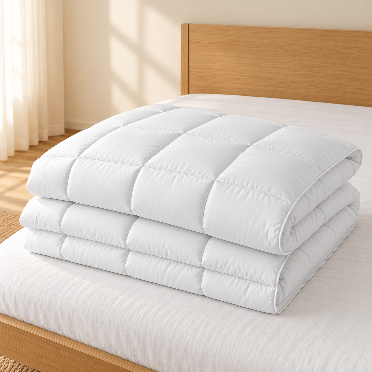 Blanc — Couette matelassée pliée, détail du matelassage