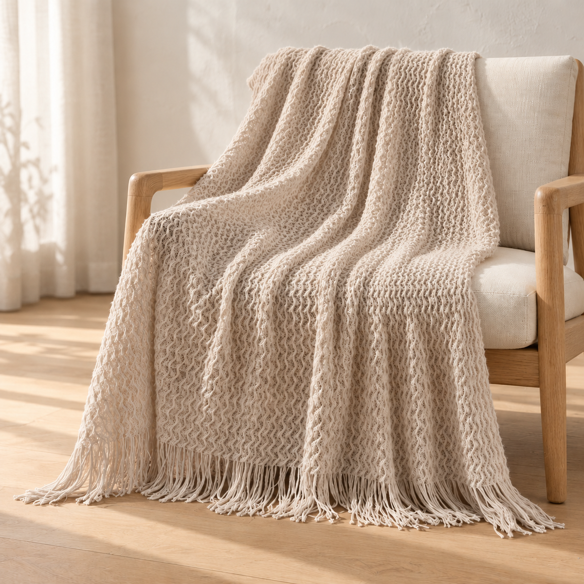 Plaid Épure beige lin — mise en scène générée par IA à partir des photos du fournisseur.