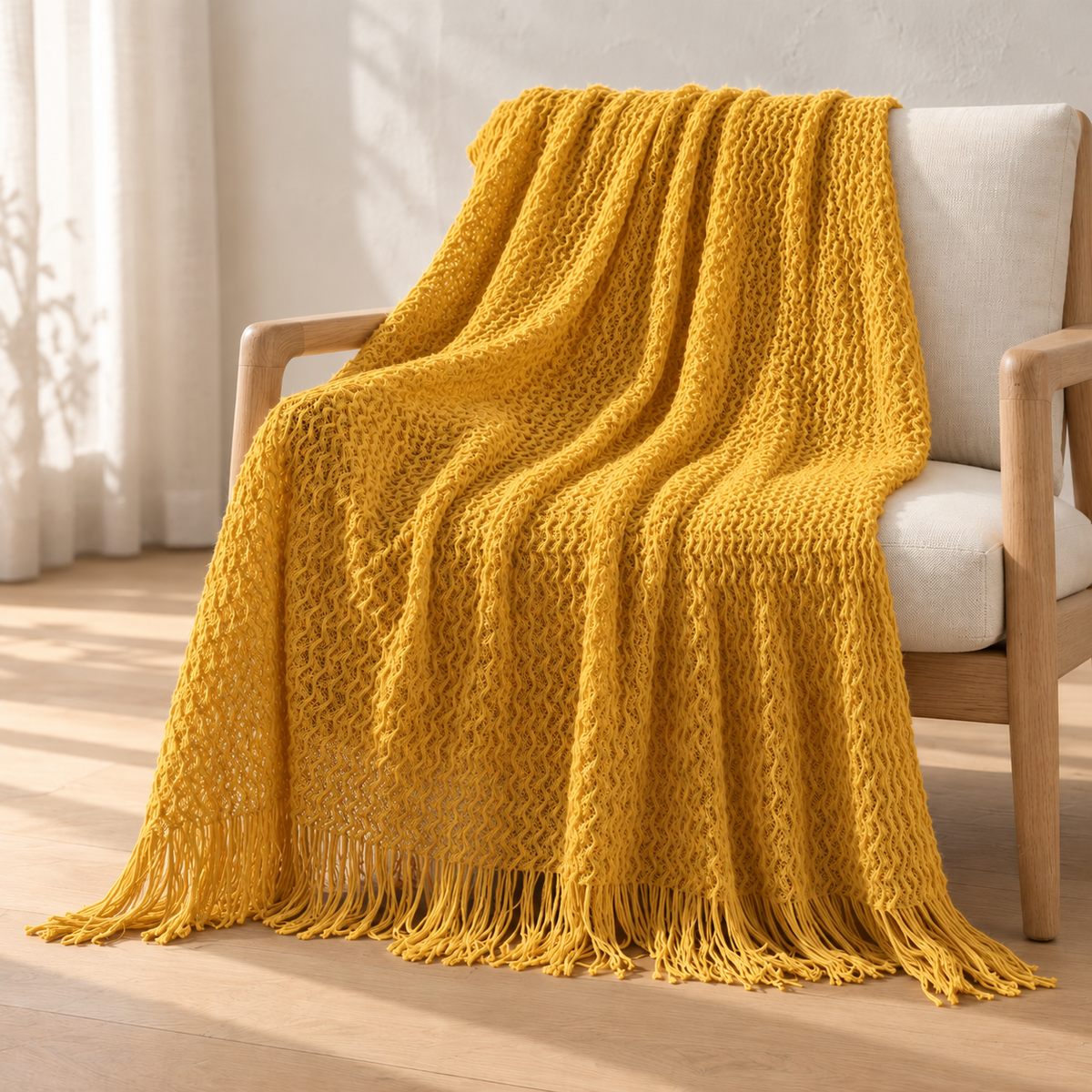 Plaid Épure jaune moutarde — mise en scène générée par IA à partir des photos du fournisseur.