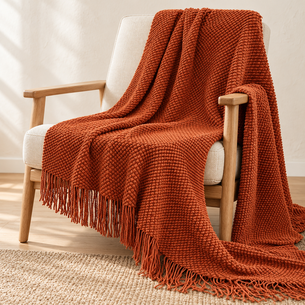 Plaid en maille frangée — Caramel, vue principale