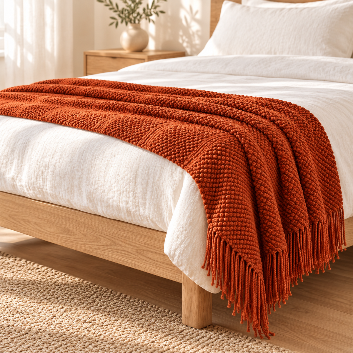 Plaid en maille frangée — Caramel, vue d’ambiance