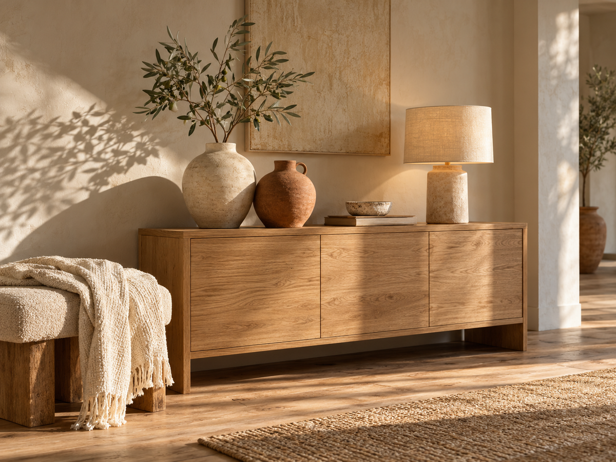 Console en bois, céramiques et textiles dans une lumière naturelle — image d’ambiance générée par IA.