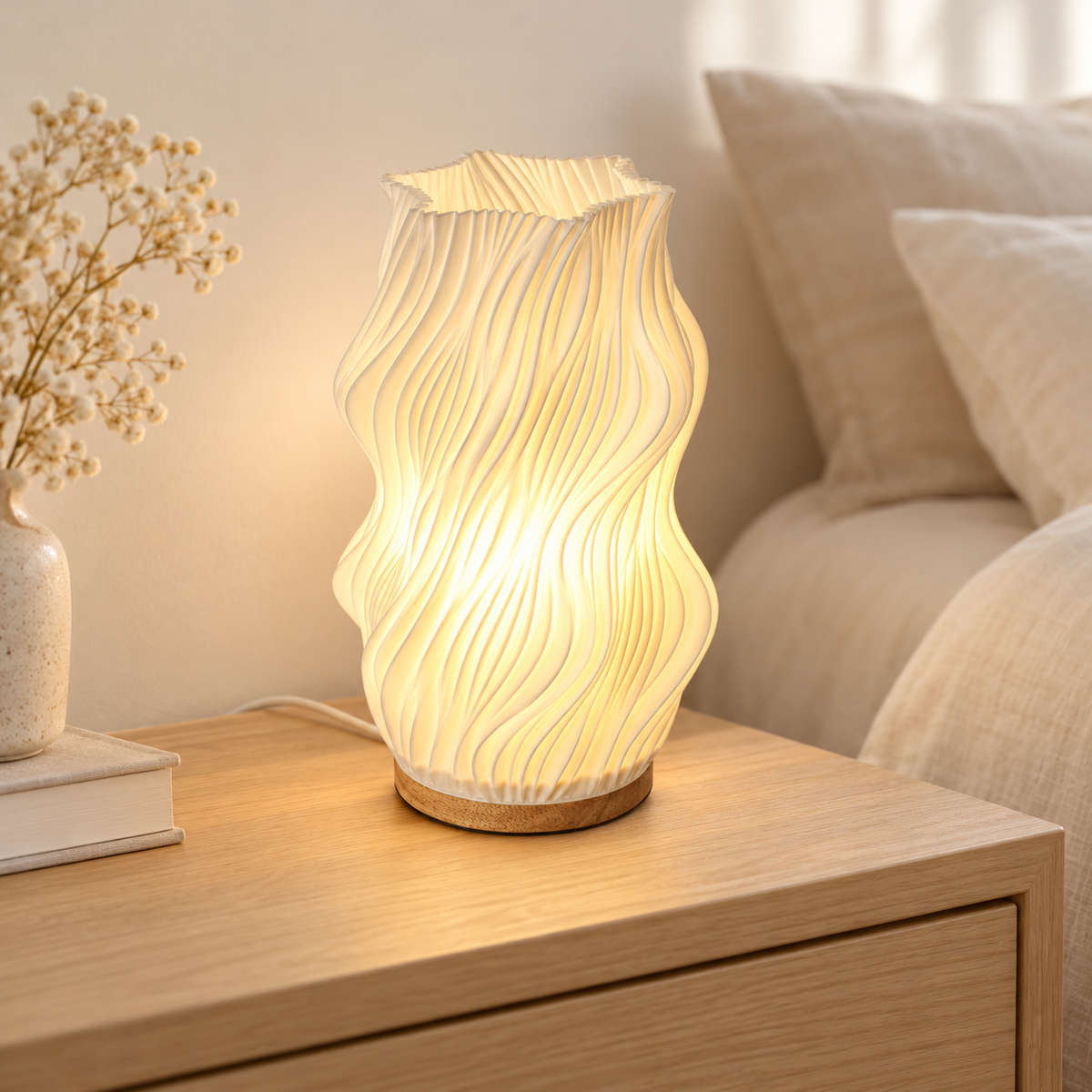 Lampe Ondine crème sur une table de chevet — mise en scène générée par IA à partir des photos du fournisseur.