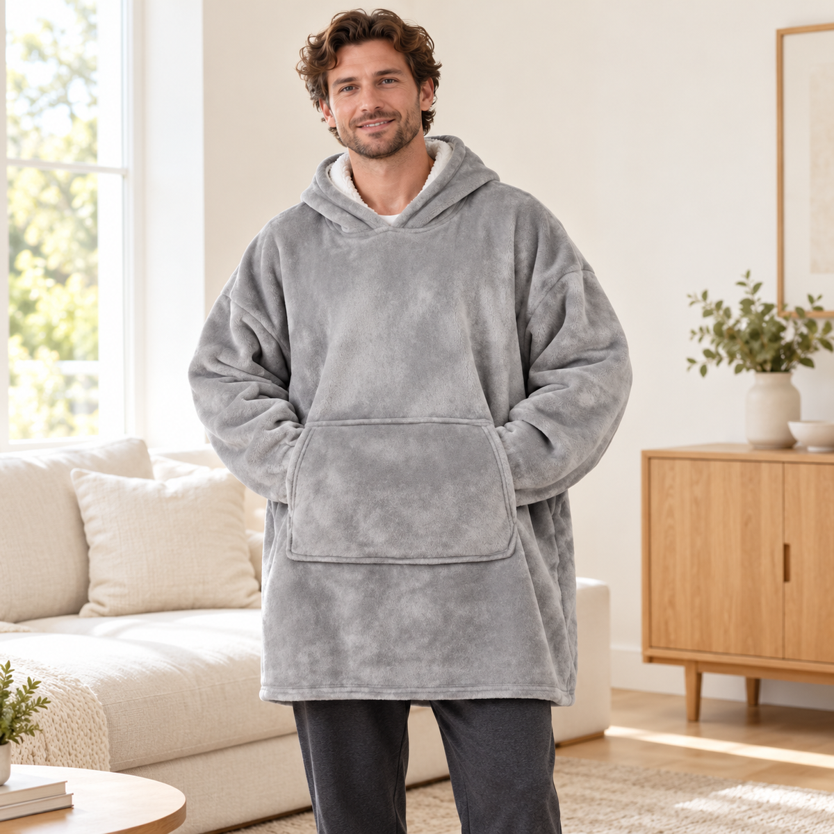 Mise en scène générée par IA d'après le fournisseur : pull plaid Douceur gris, porté par un homme.