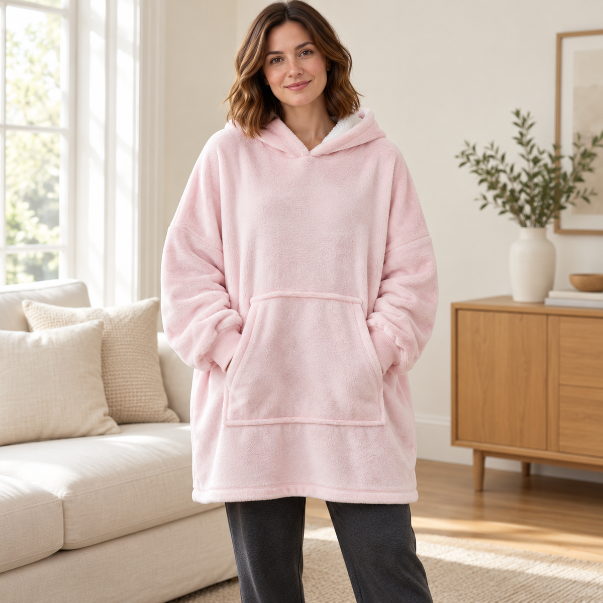 Mise en scène générée par IA d'après le fournisseur : pull plaid Douceur rose, porté par une femme.
