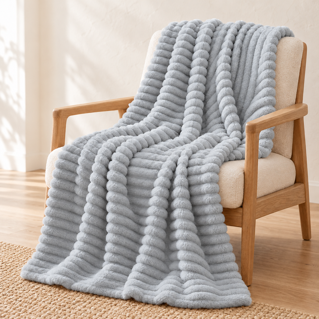 Plaid en relief côtelé — Bleu grisé, vue principale