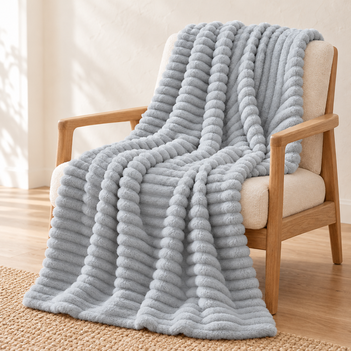 Plaid en relief côtelé — Bleu grisé, vue principale
