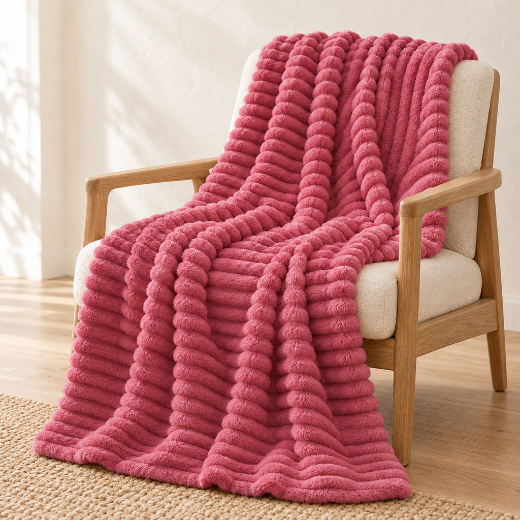 Plaid en relief côtelé — Rose poudré, vue principale