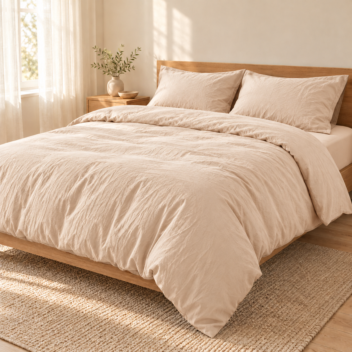 Parure de lit Palette beige sable dans une chambre aux tons naturels — mise en scène générée par IA.