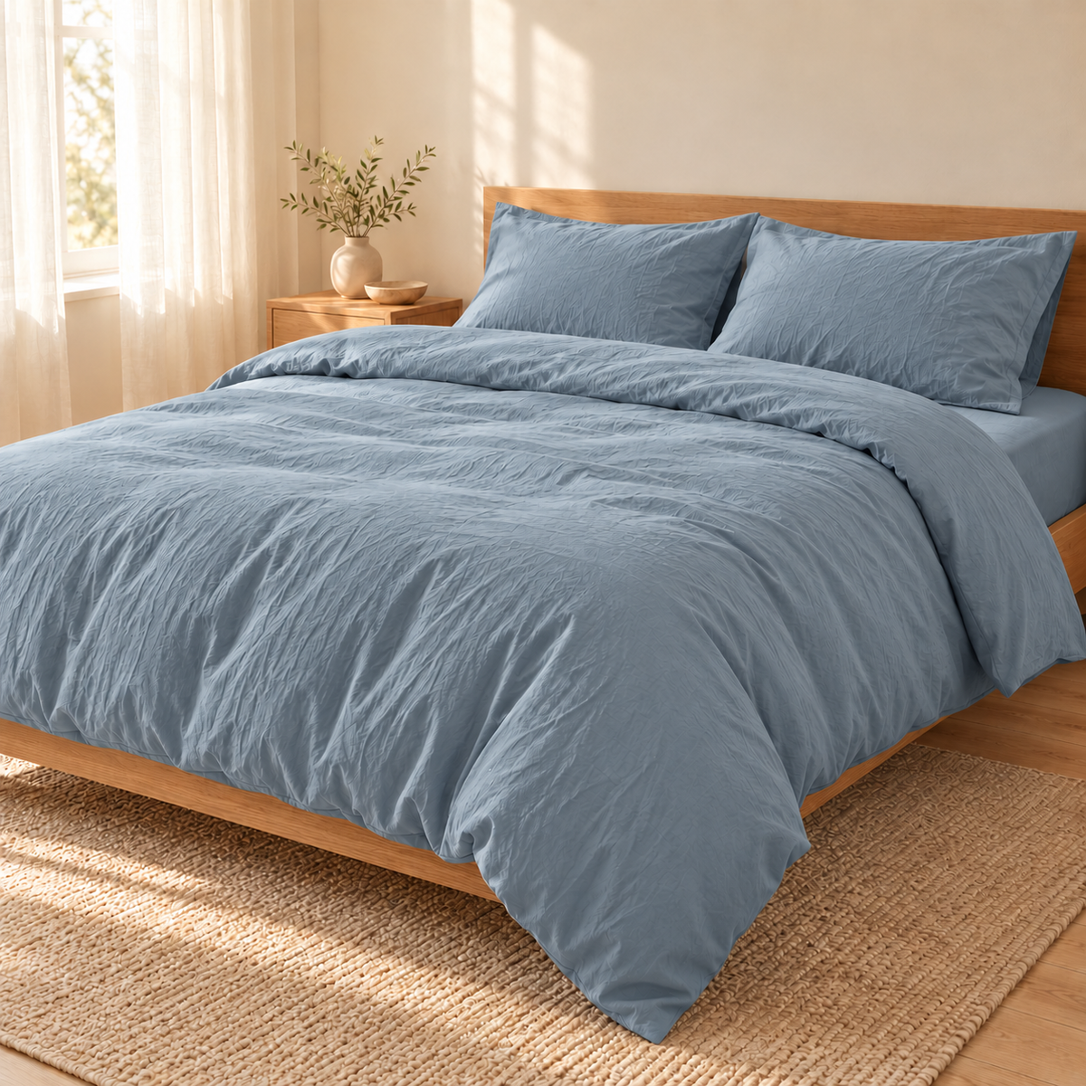 Parure de lit Palette bleu grisé dans une chambre aux tons naturels — mise en scène générée par IA.
