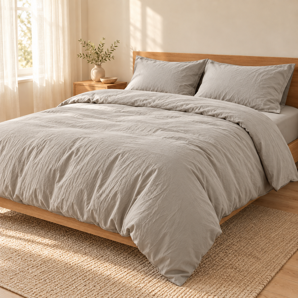 Parure de lit Palette gris perle dans une chambre aux tons naturels — mise en scène générée par IA.