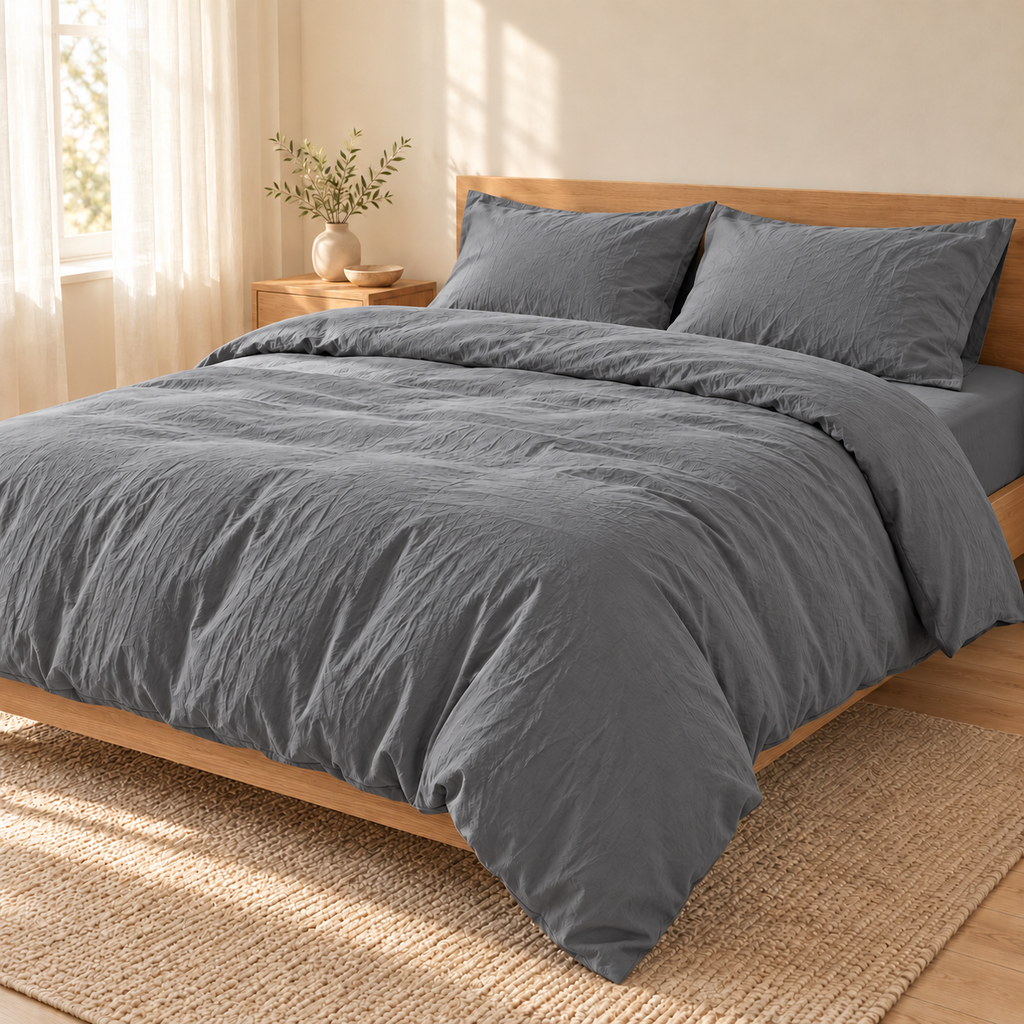 Parure de lit Palette gris ardoise dans une chambre aux tons naturels — mise en scène générée par IA.