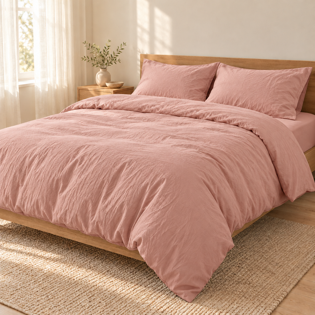 Parure de lit Palette rose poudré dans une chambre aux tons naturels — mise en scène générée par IA.