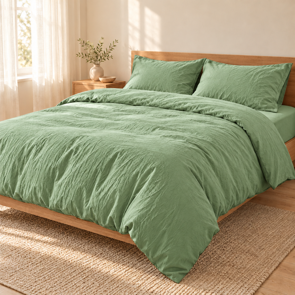 Parure de lit Palette vert sauge dans une chambre aux tons naturels — mise en scène générée par IA.