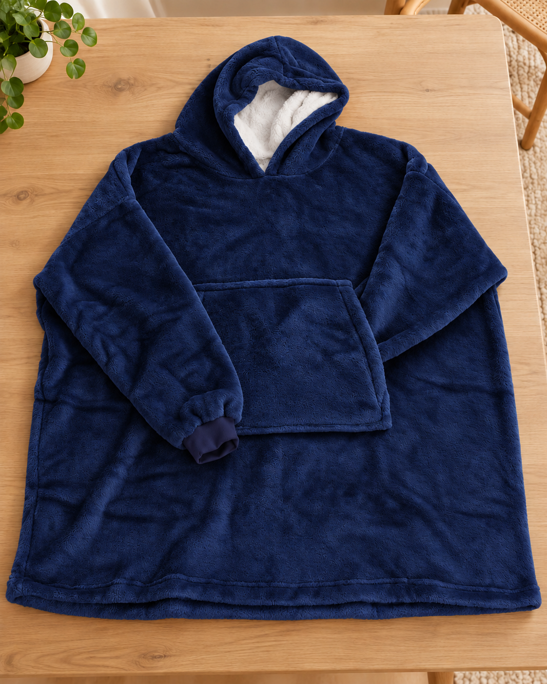 Pull plaid Douceur bleu posé sur une table en bois clair