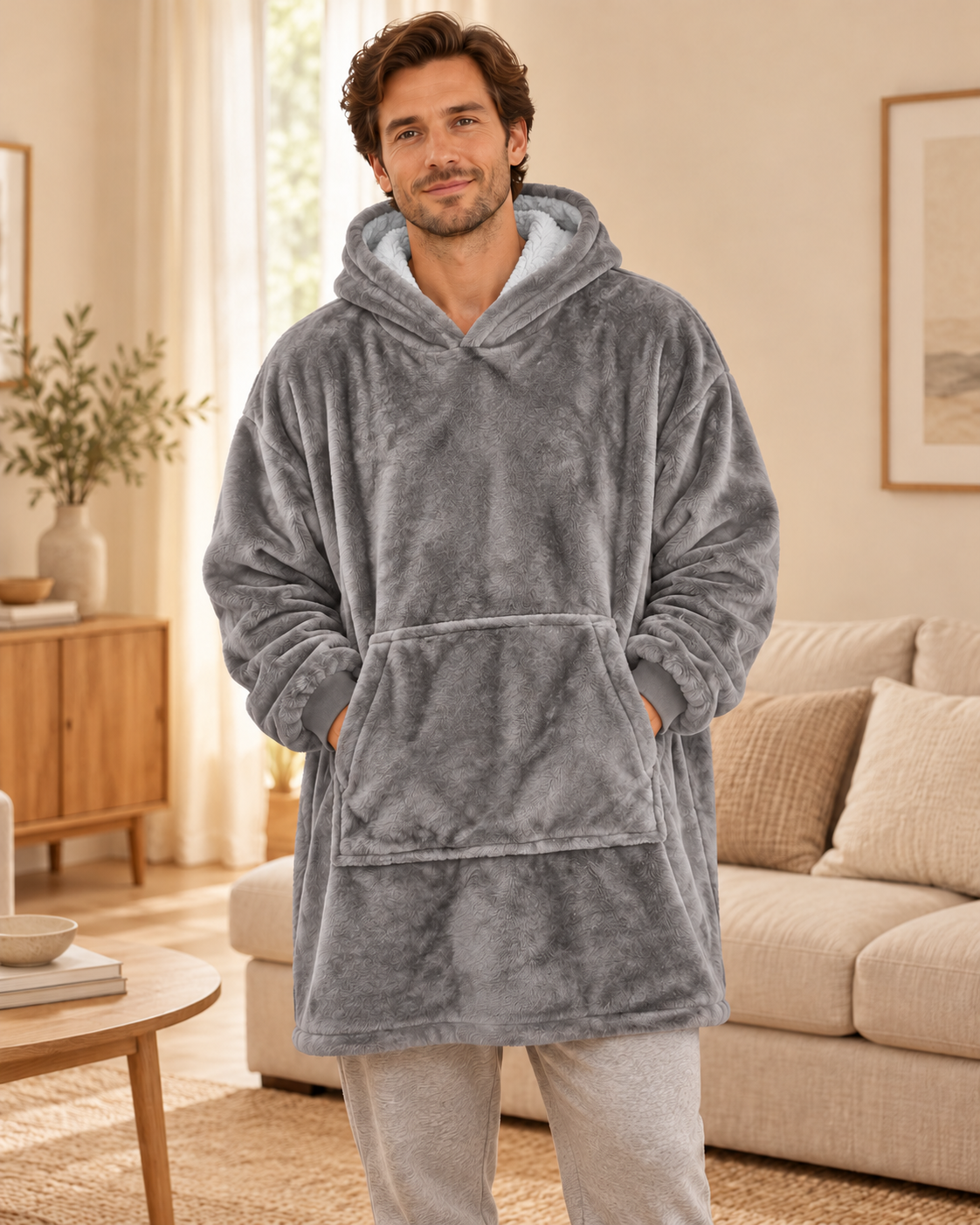 Pull plaid Douceur gris porté par un modèle