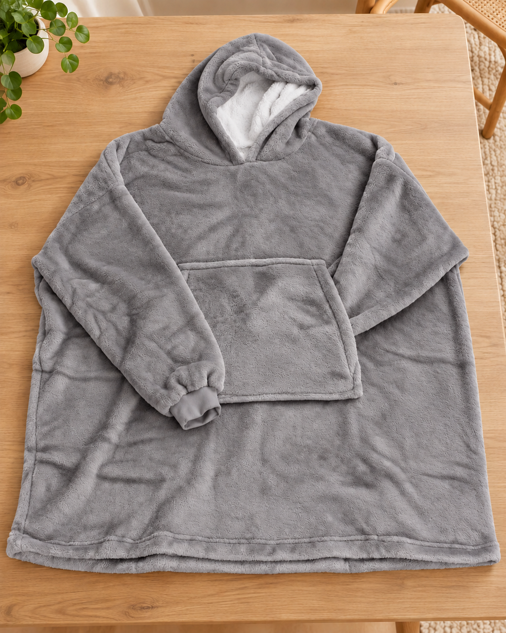 Pull plaid Douceur gris posé sur une table en bois clair