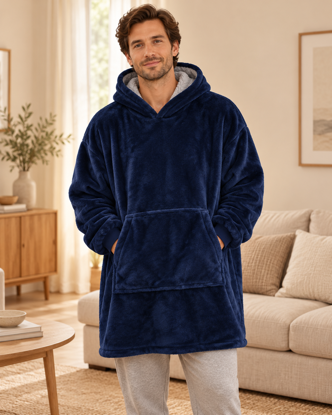 Pull plaid Douceur bleu marine porté par un modèle